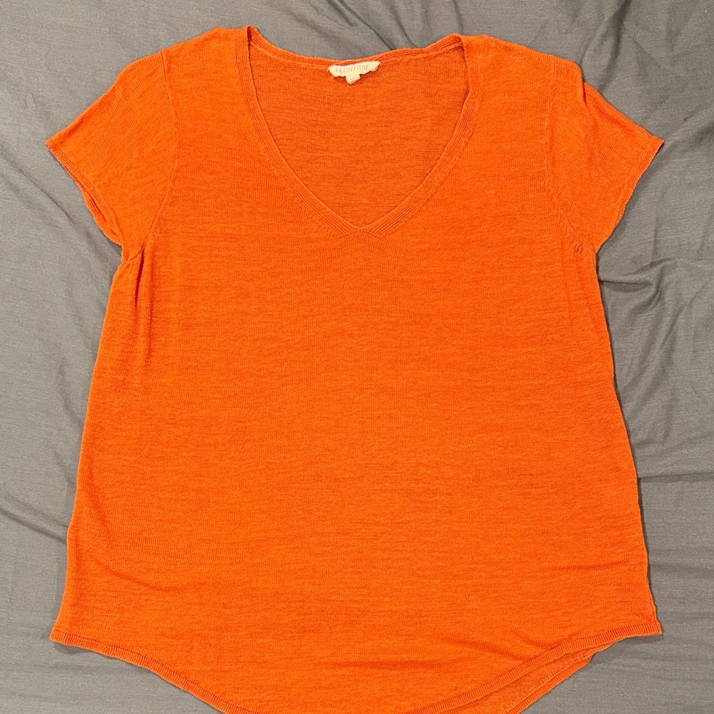 Eileen Fisher 100% Line Vibrant Orange Knit V-Neck Tee Small Airy Summer Top